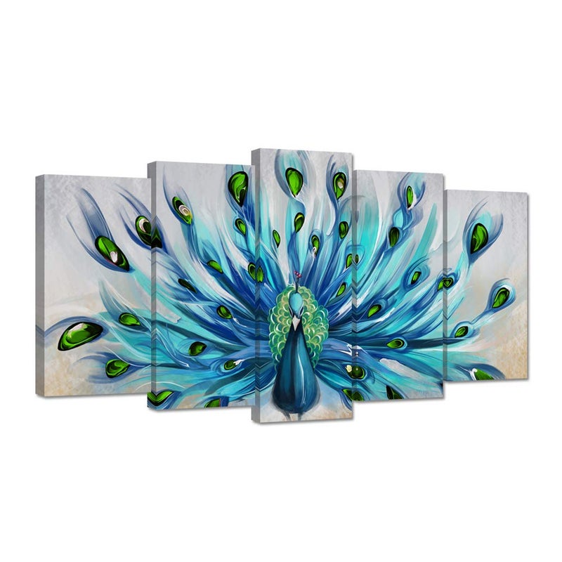 Zlove Peacock Canvas Wall Art Elegant Peacock Wall Decor Teal and Blue Animal Picture Prints for Living Room Bedroom Decor, 5Pcs - Image 1